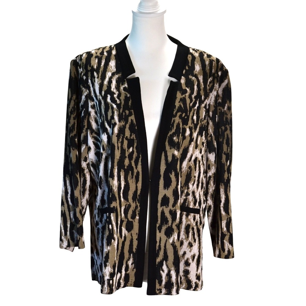 Ming Wang Women Animal Print Knit Open Front Jacket Cardigan Black Olive White